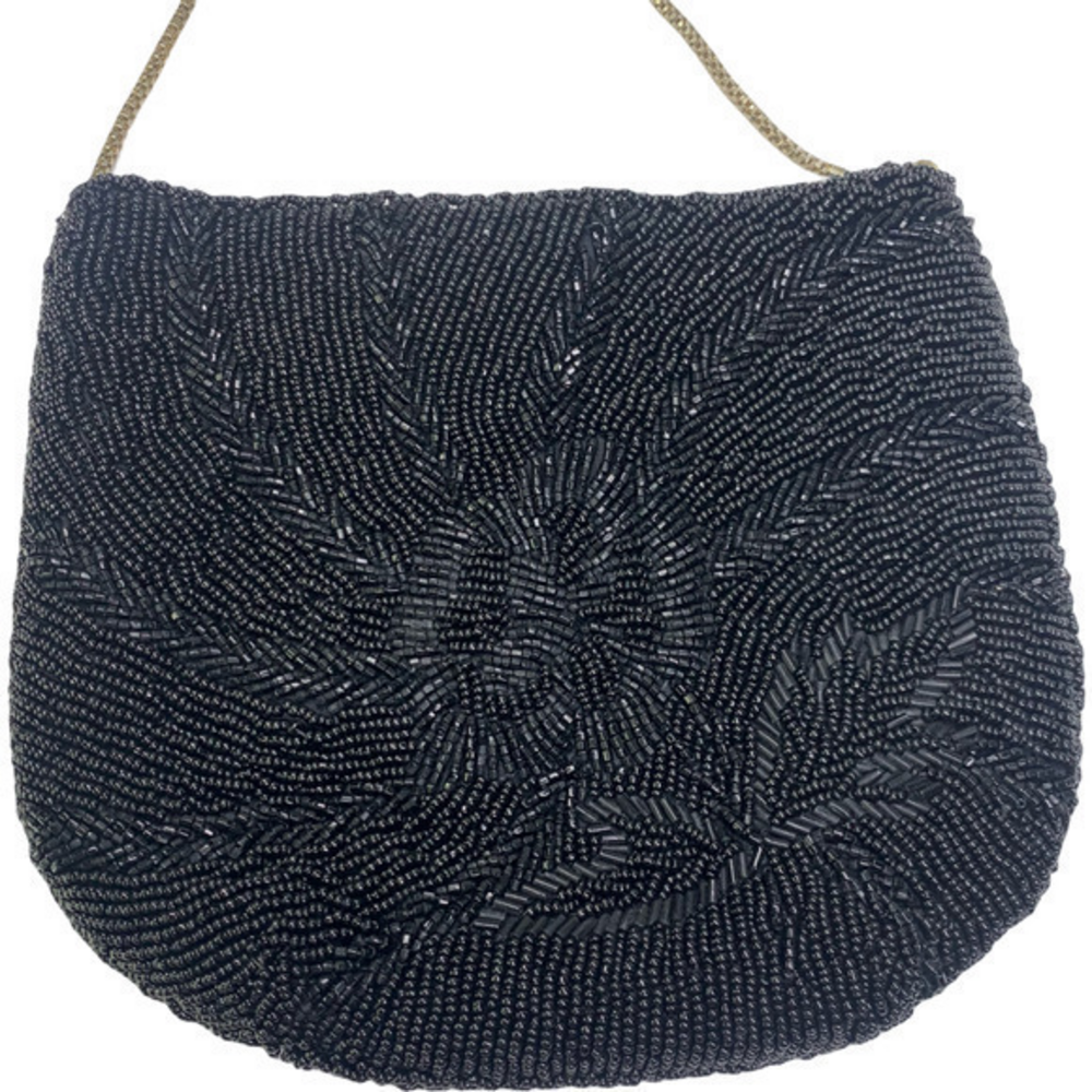 LA REGALE Black Beaded Evening Hand Bag w/Shoulder Chain‎ Strap